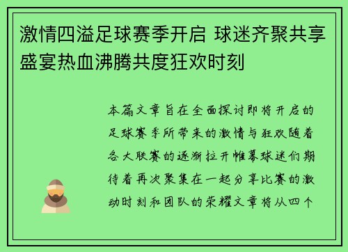 激情四溢足球赛季开启 球迷齐聚共享盛宴热血沸腾共度狂欢时刻